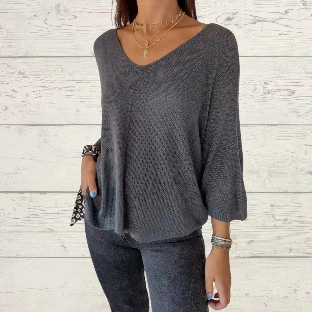 Samantha™ | Batwing Sleeve Solid Color V-Neck Knit Top