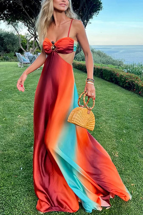 Sabrina™ | Neon Sunset Printed Metal Decoration Cutout Back Tie-up Vacation Maxi Dress