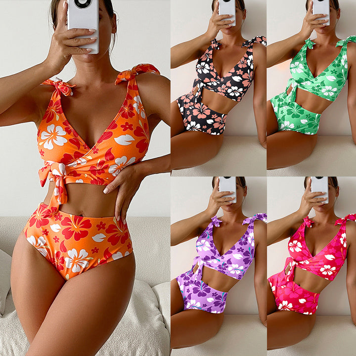 Leticia™ | Lace Up Printed High Waisted Bikini Split Swimsuit For Women