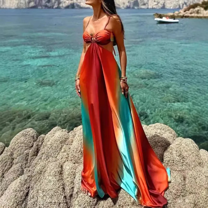 Sabrina™ | Neon Sunset Printed Metal Decoration Cutout Back Tie-up Vacation Maxi Dress