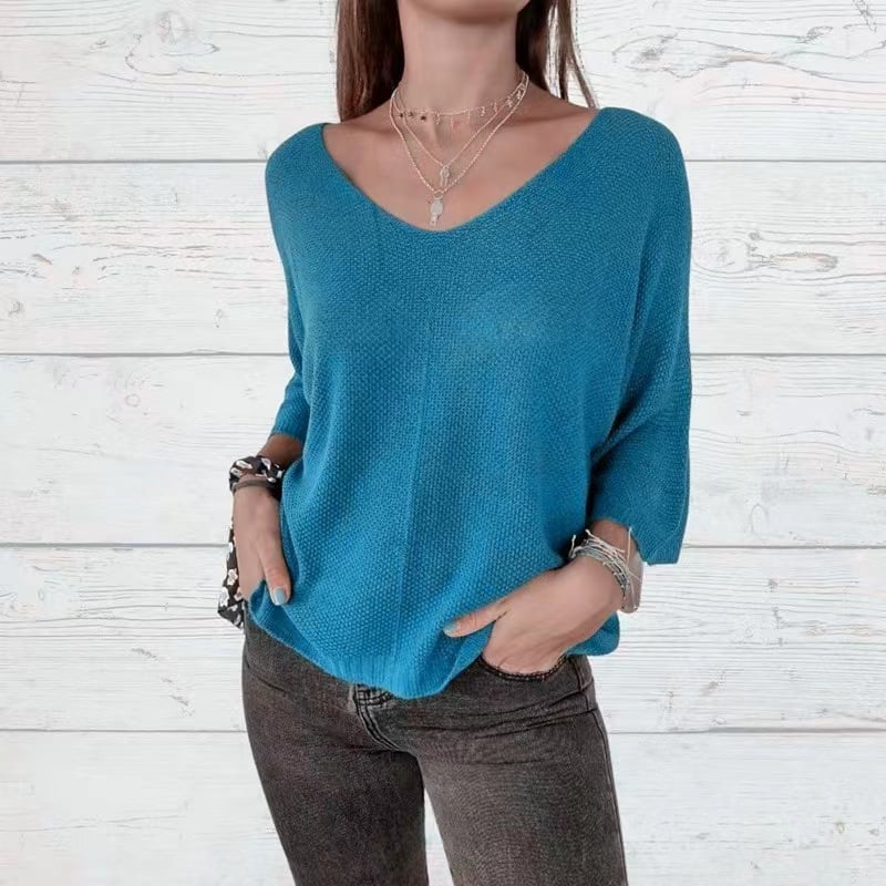 Samantha™ | Batwing Sleeve Solid Color V-Neck Knit Top